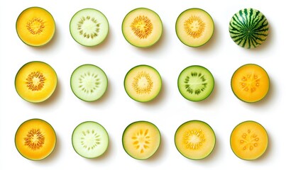 Fototapeta premium collection of organic natural full sliced banana punch, rock melon and pumpkin fruit isolated on a white png background with shadows, for online menu shopping list ready for any background