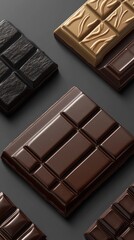 Fototapeta premium Various chocolate bars are arranged on a dark colored background