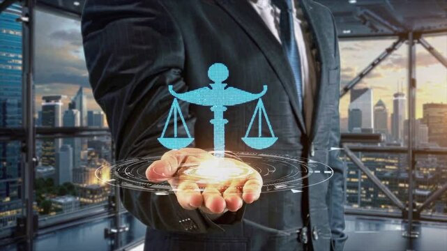 Future of Law, AI-Powered Justice System Symbols Displayed from Hand, Loop Video, Generative AI