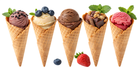 Delicious ice cream cone with a waffle cone and sweet creamy flavors like chocolate, vanilla, and strawberry, perfect for a refreshing summer treat