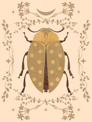 Watercolor stylized yellow polka dot beetle on a background of flowers and stars