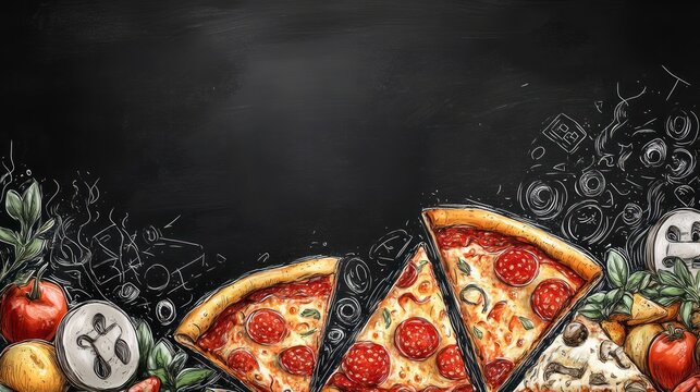 Delicious pepperoni pizza slices on chalkboard background with copy space.
