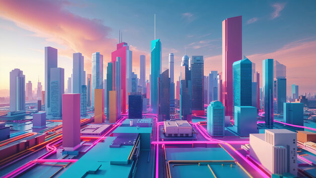Futuristic metropolis with glowing neon roads at sunset