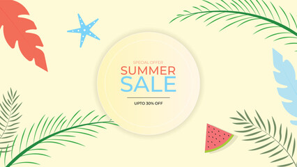 Bright and vibrant summer sale background featuring tropical leaves, beach elements, and fresh colors, ideal for promotions, banners, and advertisements with a stylish summer theme.