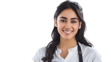 Young smiling waitress wearing black apron on transparent background