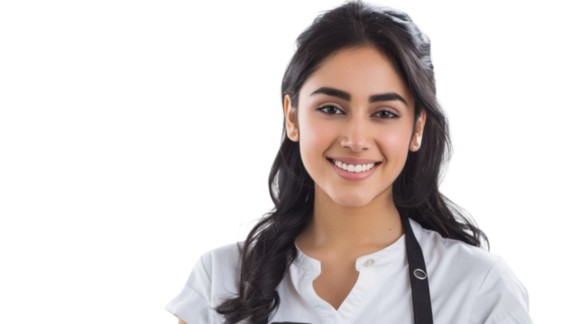 Young smiling waitress wearing black apron on transparent background
