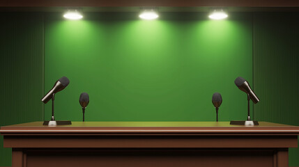 Empty podium with microphones against a green background  
