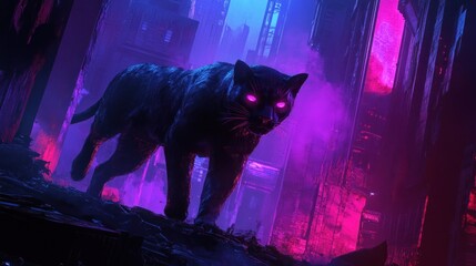 Fototapeta premium Neon Panther Prowling Through Futuristic Ruins in a Cyberpunk Urban Landscape