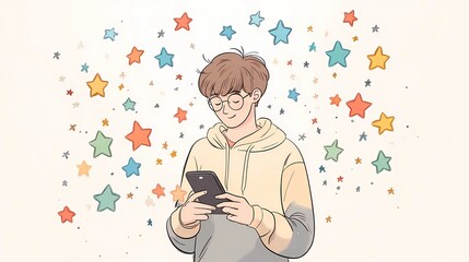 A man using a mobile phone with abstract stars signifies service evaluation, digital reputation, and business rating in a sleek book illustration style.