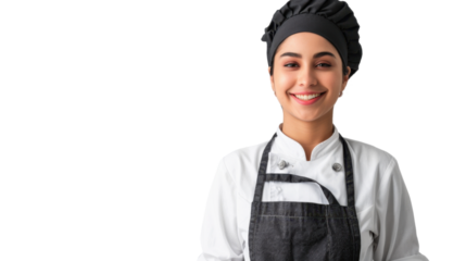 Smiling female chef with toque and apron on transparent background