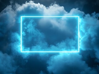 Cyan Neon Frame Over Blue Clouds