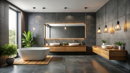 Modern minimalist bathroom design with freestanding bathtub, double vanity, and warm lighting fixtures