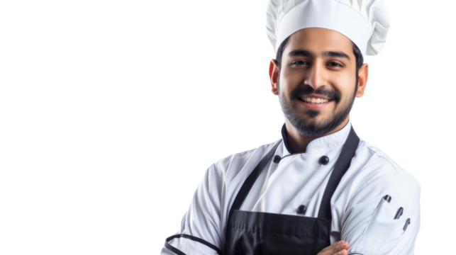 Portrait of smiling young chef with arms crossed on transparent background