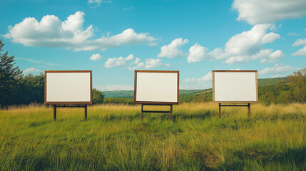 Blank billboards standing in a grassy field under a blue sky  