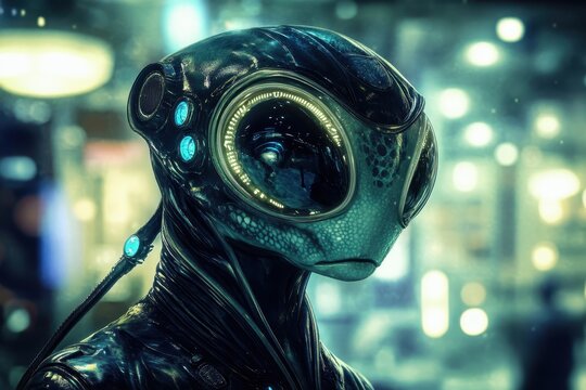 Close-up of a Realistic Futuristic Alien with Glowing Blue Eyes