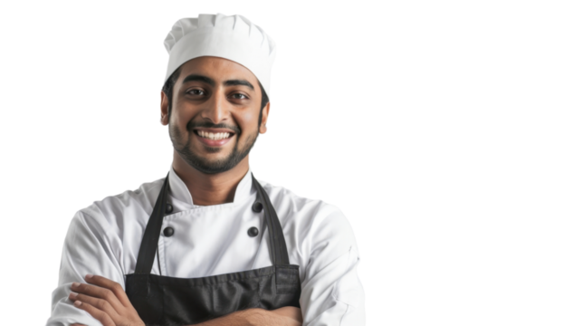 Smiling indian chef with arms crossed on transparent background