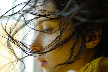 Naklejka premium Brunette woman with flowing hair gazes out a window during a soft morning light
