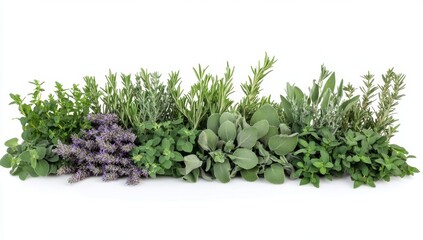Fresh herbs arranged in a horizontal row.  A vibrant display of various fresh herbs.  A collection of culinary herbs in full bloom