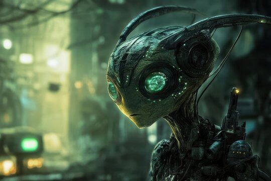 A Futuristic Cyborg with Glowing Green Eyes in a City