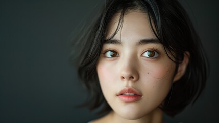 Japanese woman with fair skin, short straight black hair, almond-shaped brown eyes, caressing her neck, against a black studio backdrop 