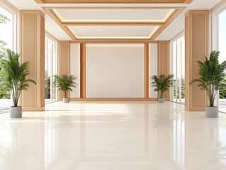 Fototapeta premium Modern interior of a spacious room with large windows and potted plants
