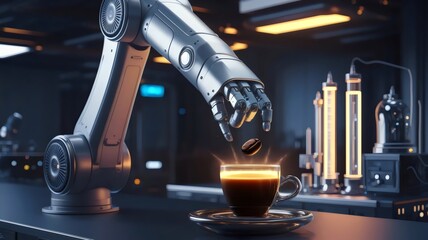 Obraz premium AI-powered robotic arm analyzing a glowing coffee bean in a high-tech lab – Perfect for artificial intelligence branding, coffee science campaigns, or advanced food technology visuals.