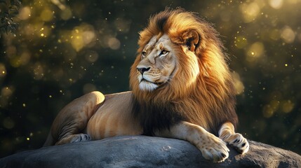 Naklejka premium Majestic lion resting peacefully on a rock illuminated by golden sunlight