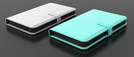 Two colored book style cases sit on reflective surface