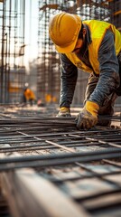 Construction worker is busy installing rebar, suitable for articles about construction, industry and professional activities.