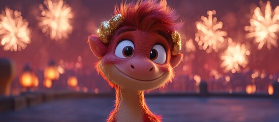 A smiling red animated dragon observes festive fireworks displays at night