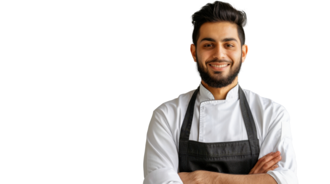 Smiling young chef with folded arms on transparent background