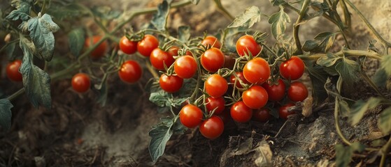 A background with juicy red tomatoes on a bush surrounded by green leaves is perfect for gardening blogs, cooking recipes or healthy eating articles.