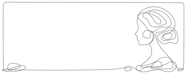 Line Art Woman Profile Portrait.  Natural Continuous Outline Romantic Female Face Character Avatar. Minimalist Hand Drawn Stylized One Curve Stroke Girl Profile. Elegant Vintage Vector Illustration.   © Silkyinky