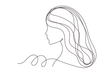 Line Art Woman Profile Portrait.  Natural Continuous Outline Romantic Female Face Character Avatar. Minimalist Hand Drawn Stylized One Curve Stroke Girl Profile. Elegant Vintage Vector Illustration.  