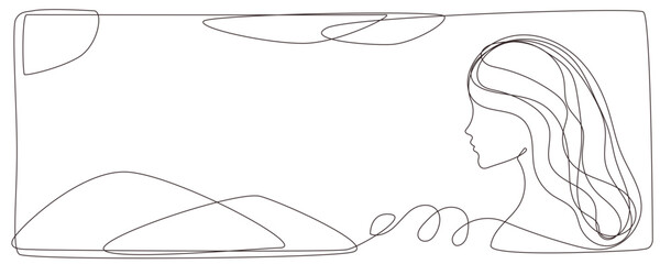 Line Art Woman Profile Portrait.  Natural Continuous Outline Romantic Female Face Character Avatar. Minimalist Hand Drawn Stylized One Curve Stroke Girl Profile. Elegant Vintage Vector Illustration.   © Silkyinky