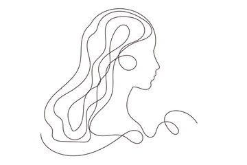 Line Art Woman Profile Portrait.  Natural Continuous Outline Romantic Female Face Character Avatar. Minimalist Hand Drawn Stylized One Curve Stroke Girl Profile. Elegant Vintage Vector Illustration.  