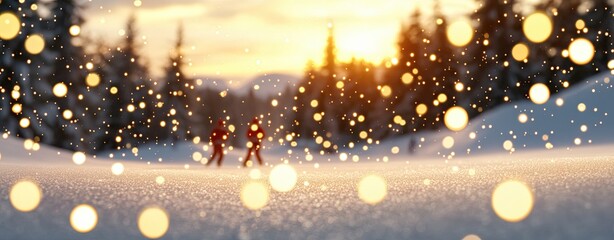 Cozy winter scene with gentle snowfall and warm sunset light, perfect for showcasing seasonal activities and enjoyment.