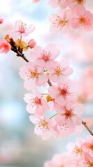 Delicate pink cherry blossoms bloom softly against a blurred background, evoking a sense of spring and renewal.
