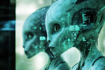 A humanoid alien with glowing green digital overlays on its face