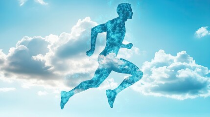 Dynamic silhouette of a runner composed of clouds, capturing energy and motion against a blue sky.