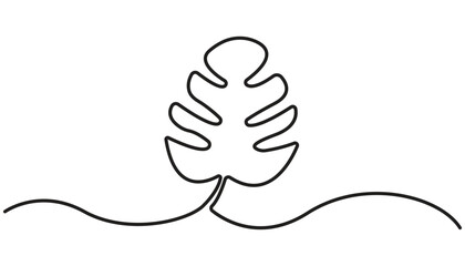One continuous line drawing monstera leaf vector illustration. Tropical leaf monoline design