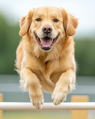 Happy golden retriever jumping over a hurdle, showcasing agility and joy in a fun outdoor setting.