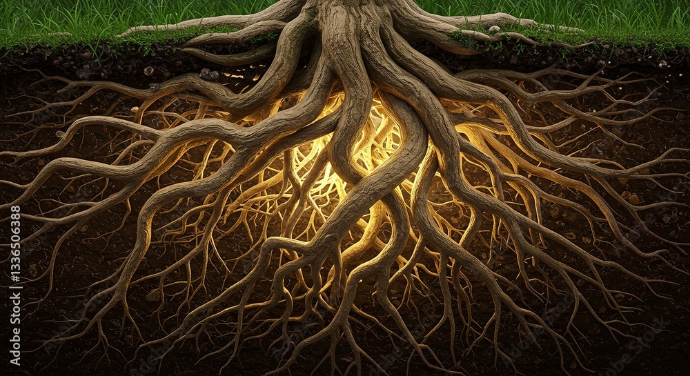 Poster A close up of a tree root with a light shining through it