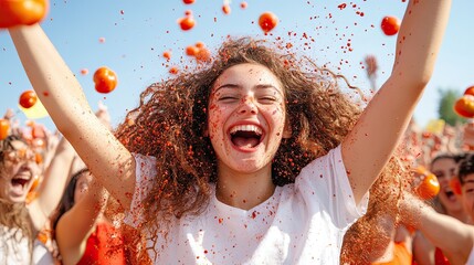 Joyful celebration at a vibrant festival, featuring people covered in oranges, embodying happiness and togetherness.