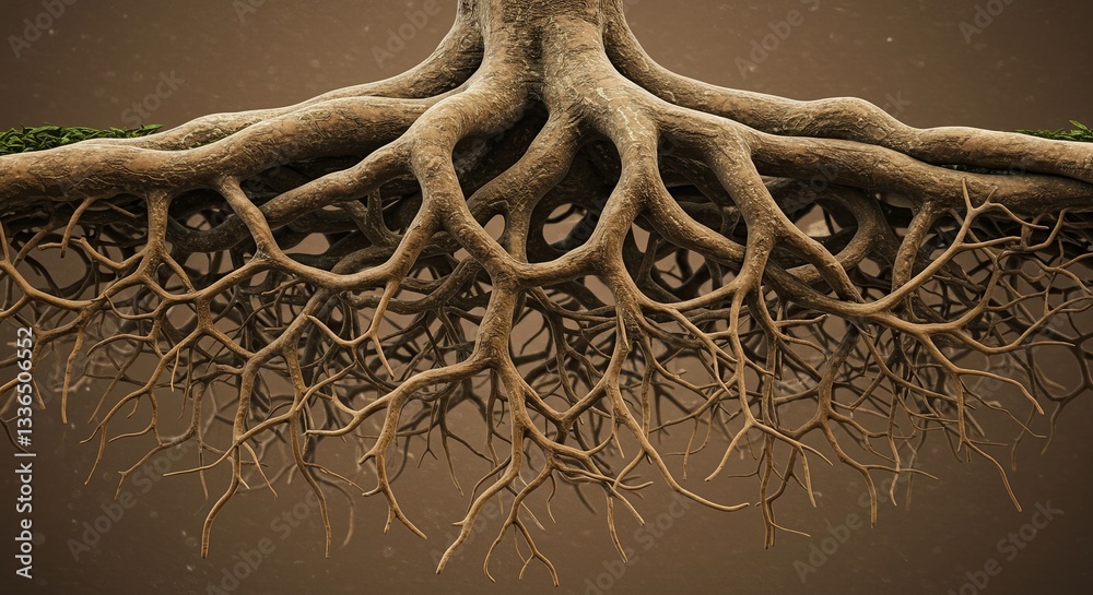 Aufkleber A tree root is shown in a close up, with the roots extending out from the trunk
