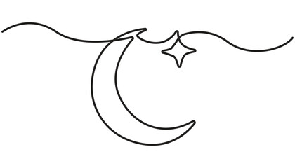 Moon with star single line art, continuous one line drawing of Isolated outline vector art