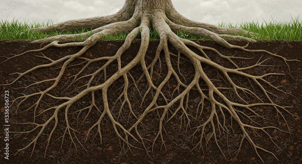 Poster A tree root is shown in the dirt, with the roots extending deep into the ground