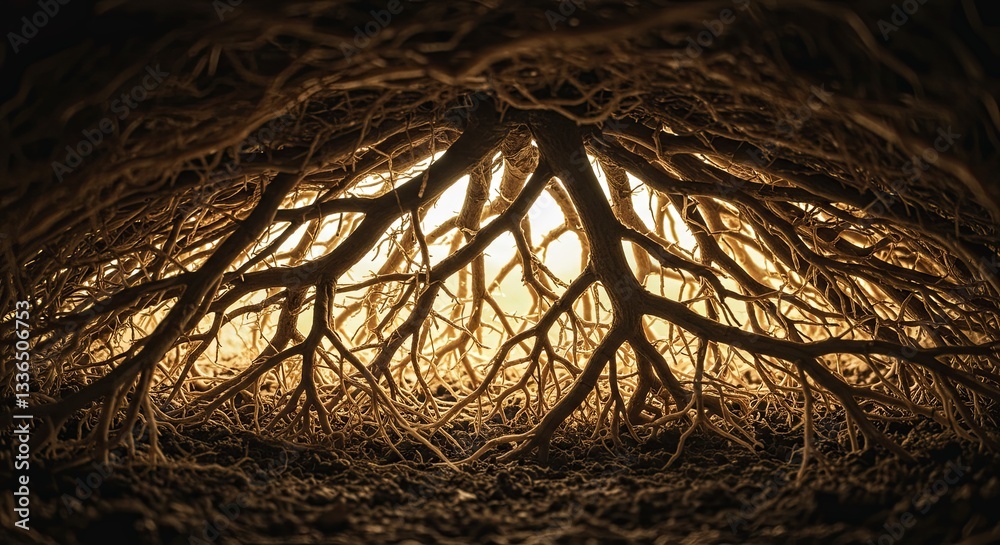 Poster A tree with roots that are spread out and growing in a dark area