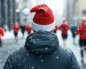 Race participants wearing Santa hats run through snowy streets, capturing the festive spirit of winter events.