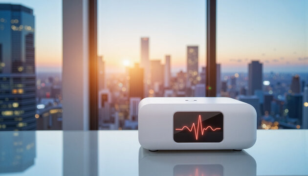 Futuristic heart rate monitor displays on glass desk with city skyline, health technology - Powered by Adobe